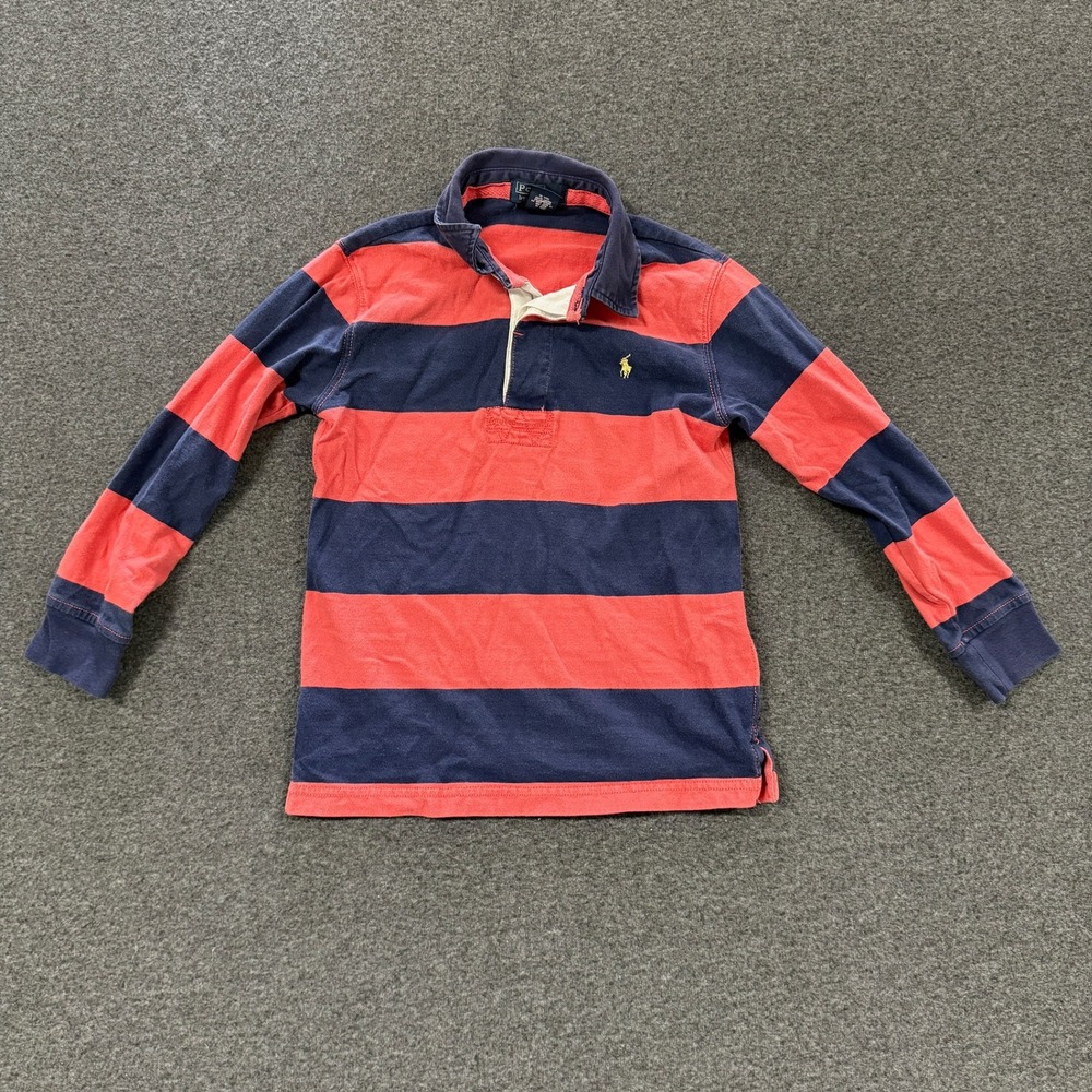 Youth Polo Ralph Lauren Rugby Shirt Boys 6 Navy Orange Good Striped Long Sleeve
